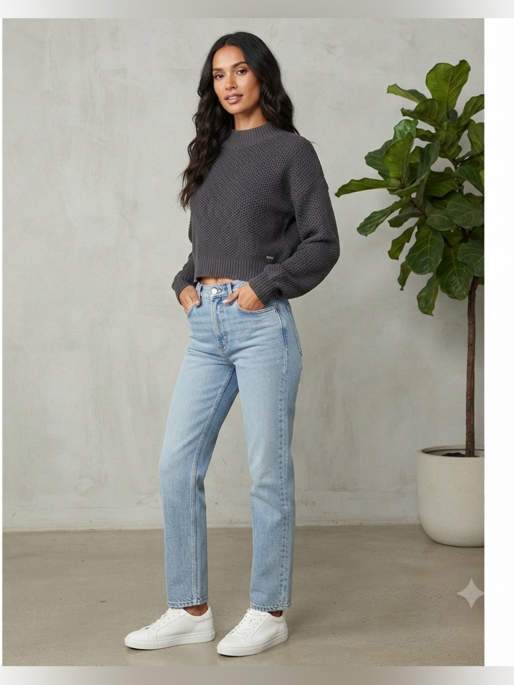 Hollister XS Dark Gray Waffle Knit Cropped Mock Neck Sweater Cozy Boxy